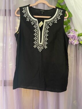 Talbots Black Sleeveless Tank with White Geometric Embroidery